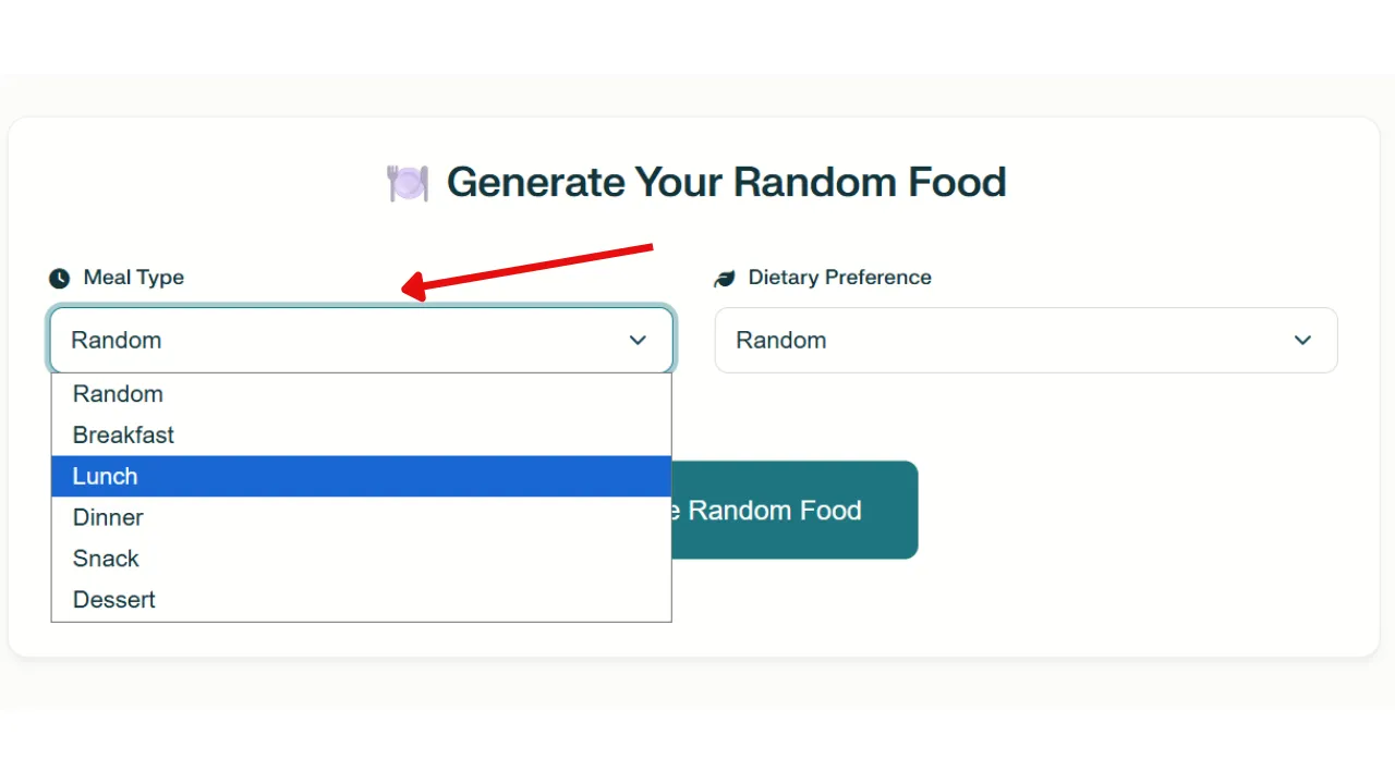 Random Food Generator step 1 select meal type