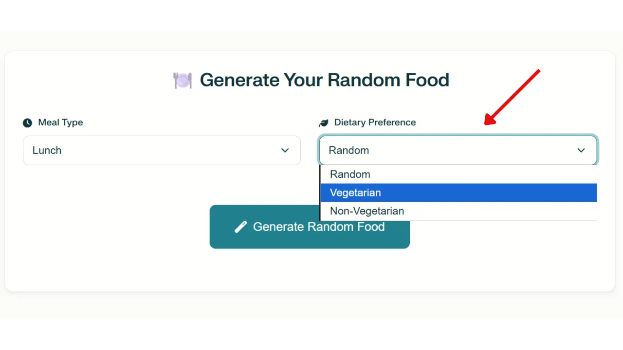 Random Food Generator step 2 choose dietary preference