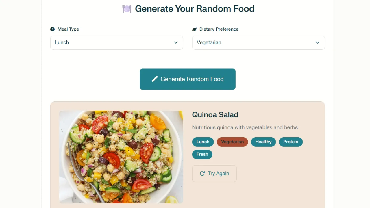 Random Food Generator step 4 view result